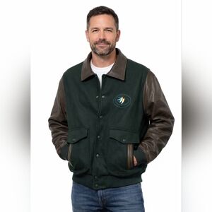 NWT Dehen Wool Leather Varsity Letter Jacket Men's XL‎ Collar Green Brown Golf